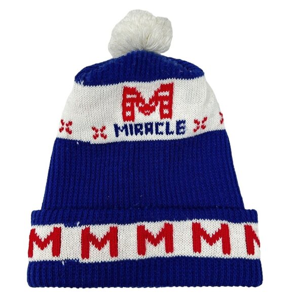 Vintage Knit Beanie Pom Pom Miracle Red White Blue Hat Letter M Winter - Picture 1 of 8